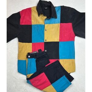 VTG MACHINE Patchwork Colorblock Denim Button Up Shirt & Jean Shorts Set Men's L